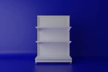 Metal gondola display shelves for supermarket or retail store product showcases. Industrial and minimalist design, 3D rendering. © P24_Design