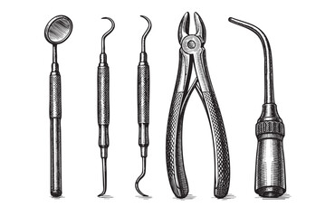 A vintage-style sketch features a collection of essential dental tools, including a mirror, pick, scaler, forceps, and probe, against a white background.