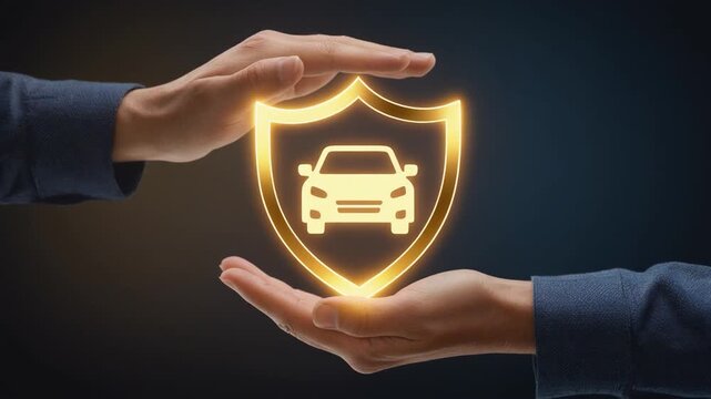 Hands protecting a car with insurance shield icon, concept footage representing safety and coverage.