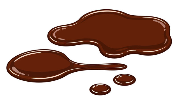 Glossy pools of viscous dark chocolate sprawl across a white background in a stylized vector design, forming a large irregular puddle, a stretched smear, and two small distinct droplets