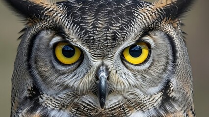 Fototapeta premium Closeup of owl with yellow eyes looking directly