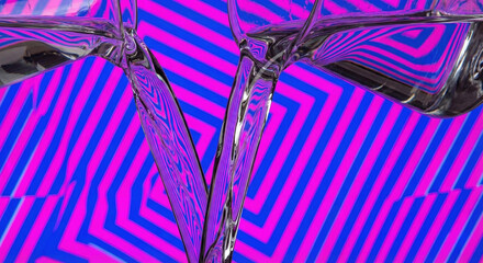 Two streams of clear water pouring against vibrant pink and blue geometric optical illusion background