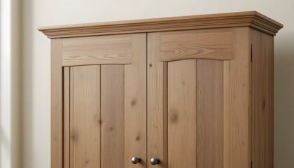 Light brown wooden cabinet with double doors and silver knobs