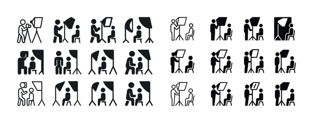 Icon set of professional photography studio scenes with lighting equipment