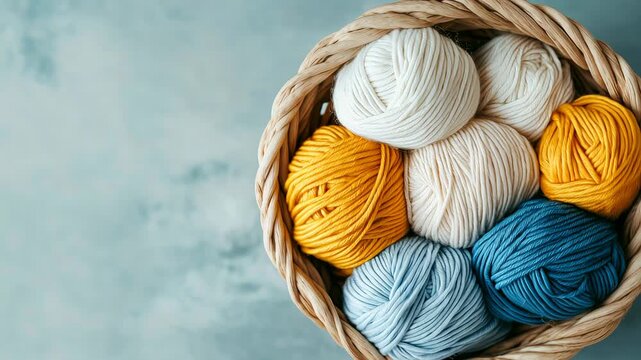 Wicker basket containing colorful yarn balls on a blue background