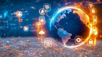 Global digital network visualization around Earth showing secure connectivity cloud services data protection and worldwide information exchange systems - Powered by Adobe