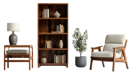 Interior arrangement with wooden furniture bookcase, chair, table, lamp, and plant