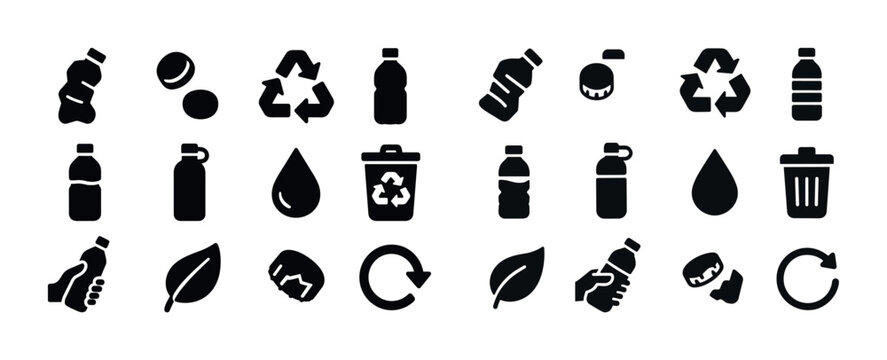 Recycling and sustainability icons set: bottles, leaves, arrows, and trash bins