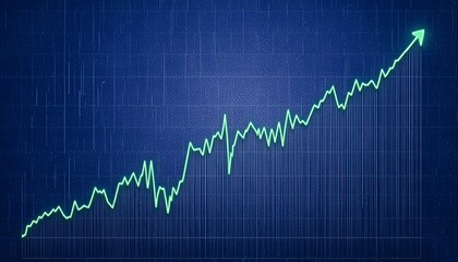 Green stock market graph trending upward on dark blue background