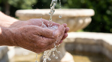 Senior hands cupping fresh water from a fountain stream. Baptism and spiritual cleansing concept