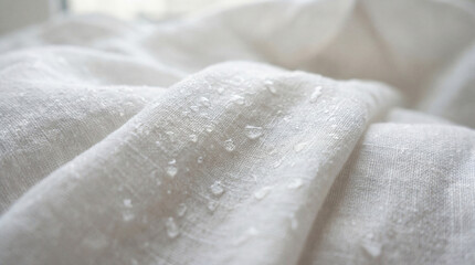 White linen fabric with water droplets close up. Wet cotton cloth texture background. Concept of purity and baptism
