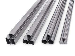 Metal steel products. Steel galvanized. Stainless steel profiles.on white background. 3D rendering.