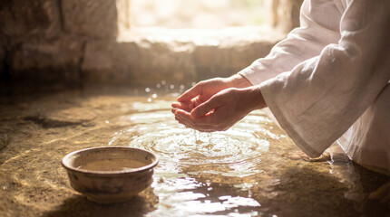 Jesus Christ washing hands in water. Biblical baptism and purification ritual with ceramic bowl