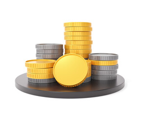 Stack of gold and silver coins, concept of finance, investment, savings, and wealth growth. 3D rendering.