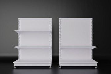 Metal gondola shelving unit for supermarket or retail store display, industrial and clean design. On dark background, 3D Rendering