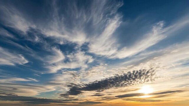 Dramatic sky with cirrus clouds and a golden sunset, creating a beautiful skyscape.