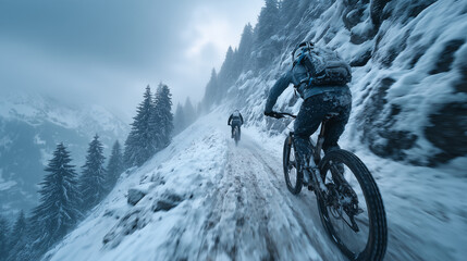 Mountain bikers race along narrow snowy mountain road, fog, cold, speed, extreme winter adventure today in mountains.
