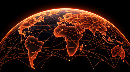 Global network connections illuminated in orange, showcasing continents and data flow

