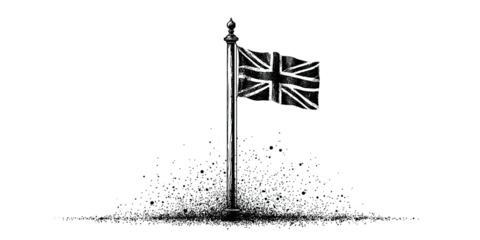 A black and white flag with a cross design flies from a pole, with sparkling particles below