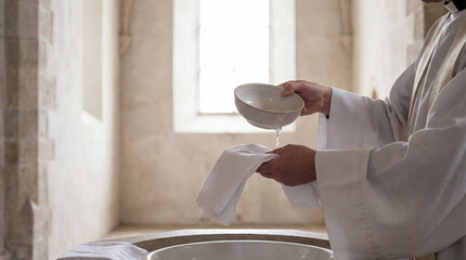 Priest pouring holy water into a baptismal font during a ceremony. Christian sacrament of baptism in a church with copy space