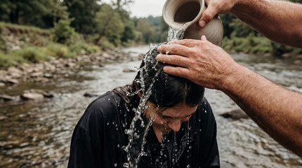Baptism of Jesus Christ in a river with water pouring from a clay pitcher. Religious spiritual ceremony outdoors. Biblical scene reenactment