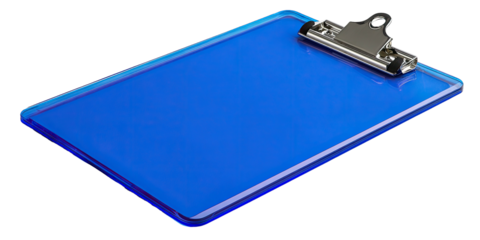 A close-up shot of a translucent blue clipboard, the metal clip on top