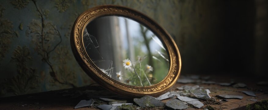 The broken mirror symbolizes shattered dreams and broken realities.