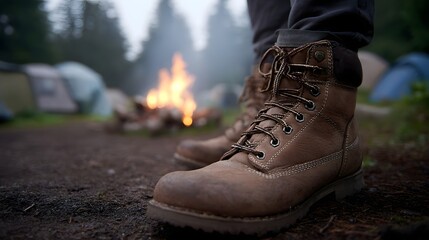 A close up of muddy hiking boots in a campsite with a campfire and tents in the background
