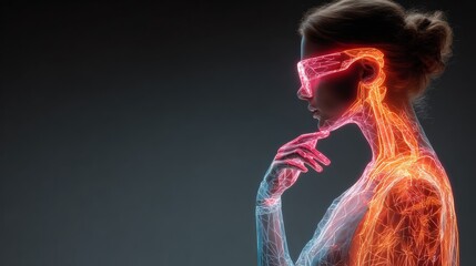 Futuristic woman with glowing VR glasses contemplates next-gen tech, a visually stunning concept for innovation, science, and virtual reality applications
