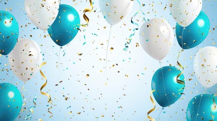 Festive background with golden balloons, confetti, and blue ribbon, suitable for birthday and anniversary cards