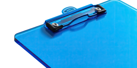 A close-up shot of a clear blue clipboard with a metal clip against a black backdrop