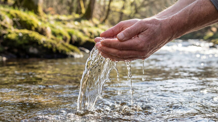 Male hands cupping fresh water from a river. Clear stream pouring from palms in nature. Baptism and spiritual cleansing concept