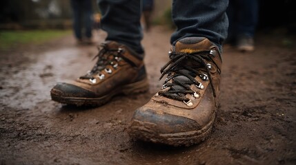 Muddy hiking boots on a wet trail capturing the essence of outdoor adventure and explo n