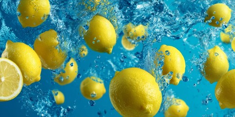 Organic yellow lemons flying in water splash for beverage and juice ads.