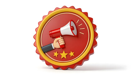 Vibrant red badge with megaphone and stars symbolizing announcement