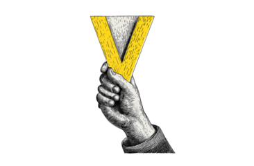 A black and white illustration of a hand holding a yellow "V" symbol against a black backdrop