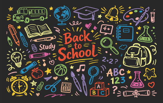 Back to school colorful chalk doodle icon set with education elements and classroom objects vector illustration