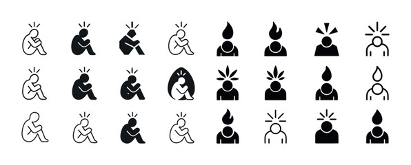 Obraz premium Various silhouette icons of anxiety and stress depicted through different human postures and expressions