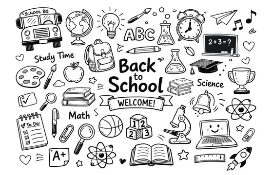 Back to school hand drawn doodle icon set with education and classroom elements on transparent background