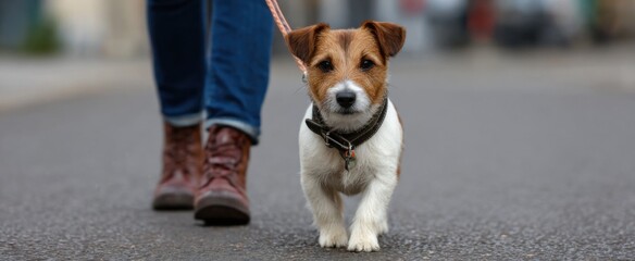 the dog owner strolling with a medium-sized tan and white pup on a leash