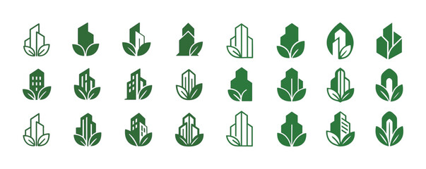 Eco-friendly city icons: green buildings and leaf elements for sustainable urban designs