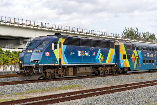 Tri-Rail commuter rail train with Brookville locomotive public transport in Miami, United States