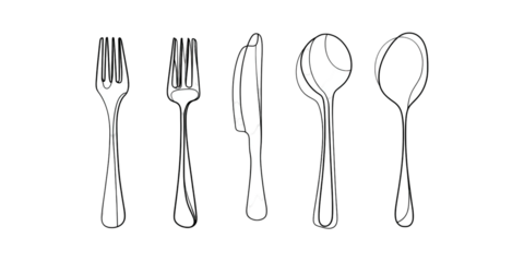 Isolated silverware silhouettes on black. Includes forks, knife, and spoons, illustrating dining