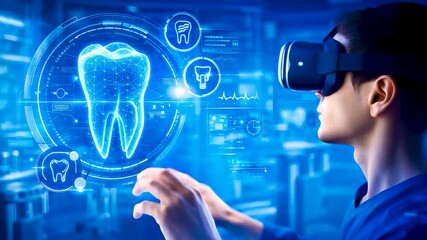 Virtual reality dental examination with interactive tooth scan interface showing advanced oral healthcare diagnostics and modern medical technology - Powered by Adobe