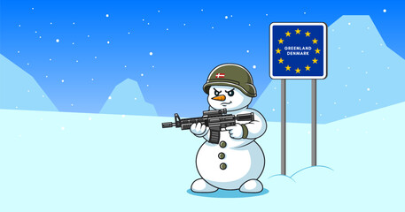 Naklejka premium Vector cartoon of comical sullen and disgruntled military snowman with an automatic rifle and soldiers helmet. Metal sign of European Union, Greenland and Denmark. Funny toon border guard. Ice, cold