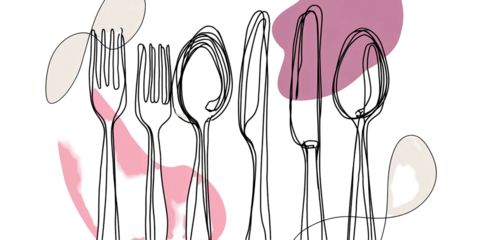 A whimsical, abstract composition with bold black lines, soft pink and cream shapes against a dark backdrop