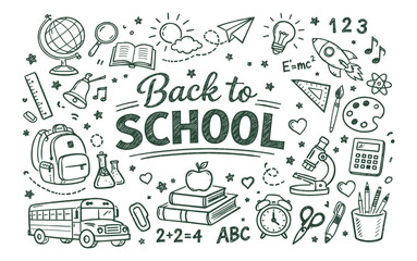Back to school chalk drawn doodle icon set with school supplies stationery lettering and banner vector illustration