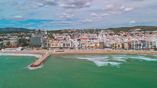Aerial view of Sitges coastal town on a sunny day in Catalonia, Spain