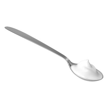 Spoon with yogurt, kitchenware, cutlery with sour cream or milk dairy product, realistic vector 3D teaspoon with meal