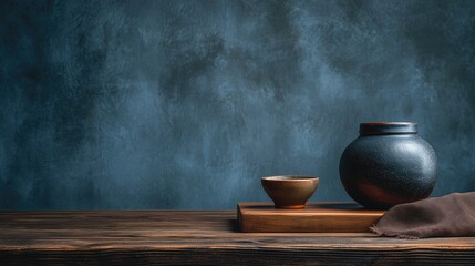 Efficiency and mindfulness concepts embodied in a minimalist still life with rustic blue pottery and soft light.